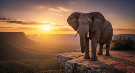 Obraz premium Elephant on Cliff Overlooking Valley – Sunset Spiritual Animal Wallpaper HD