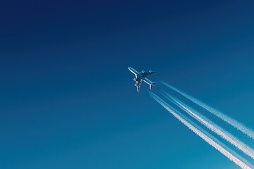 Tiny airplane leaves faint trail across vast gradient sky in quiet flight