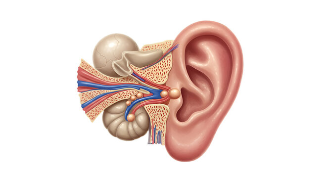 Detailed Realistic Illustration of Human Ear Anatomy on Transparent Background
