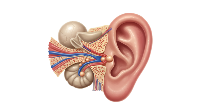 Detailed Realistic Illustration of Human Ear Anatomy on Transparent Background