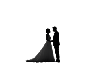 Elegant Silhouette Wedding Couple Portrait in Black and White on Transparent Background