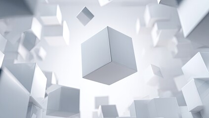 Abstract 3D render of many white cubes in mid-air, creating a sense of depth and motion