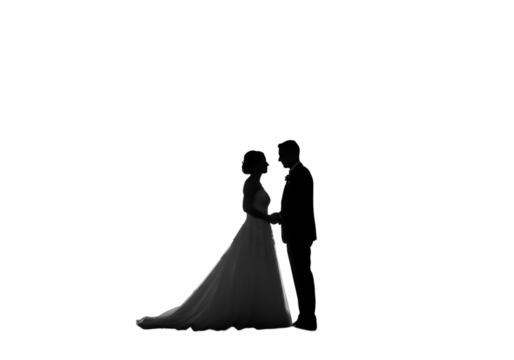Elegant Silhouette Wedding Couple Portrait in Black and White on Transparent Background