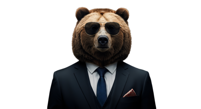Elegant Bear In Suit Portrait Photo On Isolated Black Background