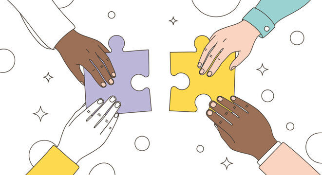 Diverse Hands Coming Together to Complete a Colorful Puzzle Against a Whimsical Background, Symbolizing Collaboration, Teamwork, and Collective Problem Solving in Modern Settings