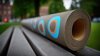 Rolled up mat with colorful design rests on a park bench.