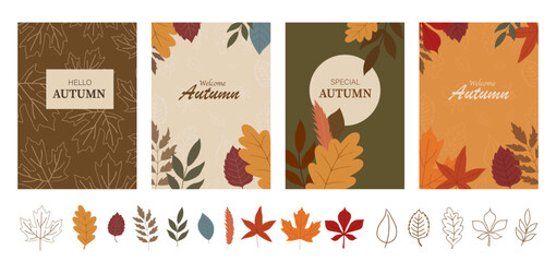 Autumn season background with fall leaves hand drawn elements. Design template for sales, poster, banner, note, cover, social media, ads, decoration. Vector illustration.