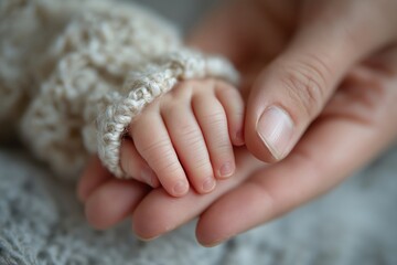 Newborn baby gently holds adult finger in soft bonding moment