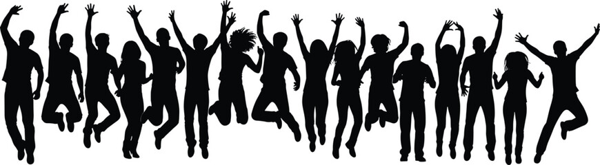 Group of diverse people jumping in celebration, silhouettes showing happiness, unity, fun, energetic movement, isolated on white background, vector illustration