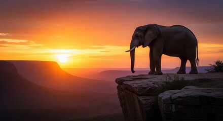Fototapeta premium Elephant on Cliff Overlooking Valley – Sunset Spiritual Animal Wallpaper HD