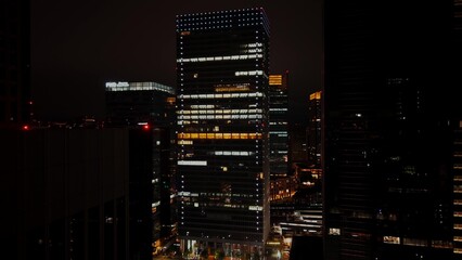 The lights of the night metropolis from bird's-eye view. View of Tokyo skyscrapers from drone
