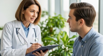 Fototapeta premium Doctor having a consultation with a patient and writing notes on a clipboard during a medical examination