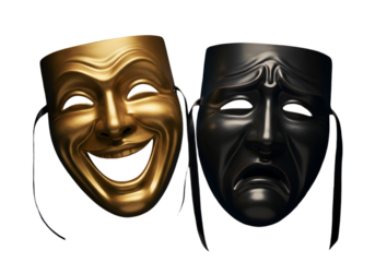 Golden And Black Theatre Masks Illustration On Transparent Background