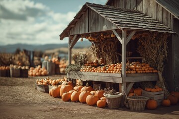 Rustic wooden stand filled with autumn harvest under clear countryside sky