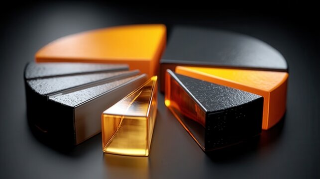 Slices of data representation revealing economic insight on a glossy, dark table