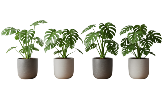 Four Isolated Monstera Plants In Pots On Transparent Background Photo - Powered by Adobe