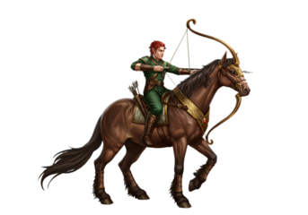 Fantasy Archer Riding Horse Illustration with Green Outfit and Bow Ready