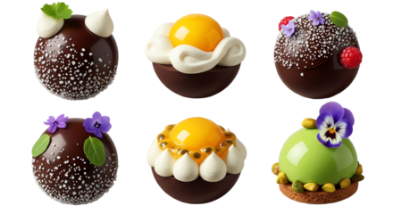 Assorted gourmet mousse desserts with toppings and flowers
