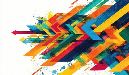 Abstract graphic design with vibrant, overlapping geometric arrows and splashes