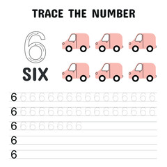 Number 6 tracing worksheet for kids featuring six pink vans, designed to support early counting and handwriting development in a fun and engaging format.