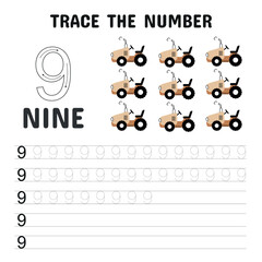 Number 9 tracing worksheet featuring nine beige tractors, designed to help children practice counting, number recognition, and handwriting skills.
