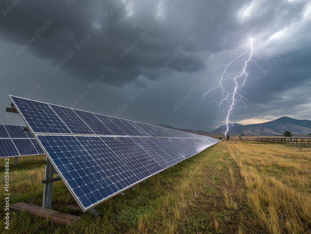 Poster image of solar panels in a grassy field during a thunderstorm with dark clouds and lightning - ai-ge