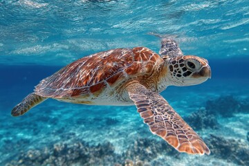 Fototapeta premium Oceanic turtle gliding through water