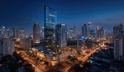 Obraz premium City skyline at dawn, illuminated skyscrapers and buildings
