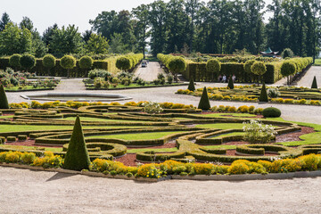 Rundale, Latvia - 09.10.2023: Rundale Palace Park, symmetrical greenery, alleys; traditional French garden; large sightseeing object.