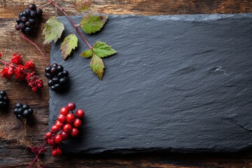 The dark wood backdrop with a slate board and rice berry symbolizes the concept of raw ingredients