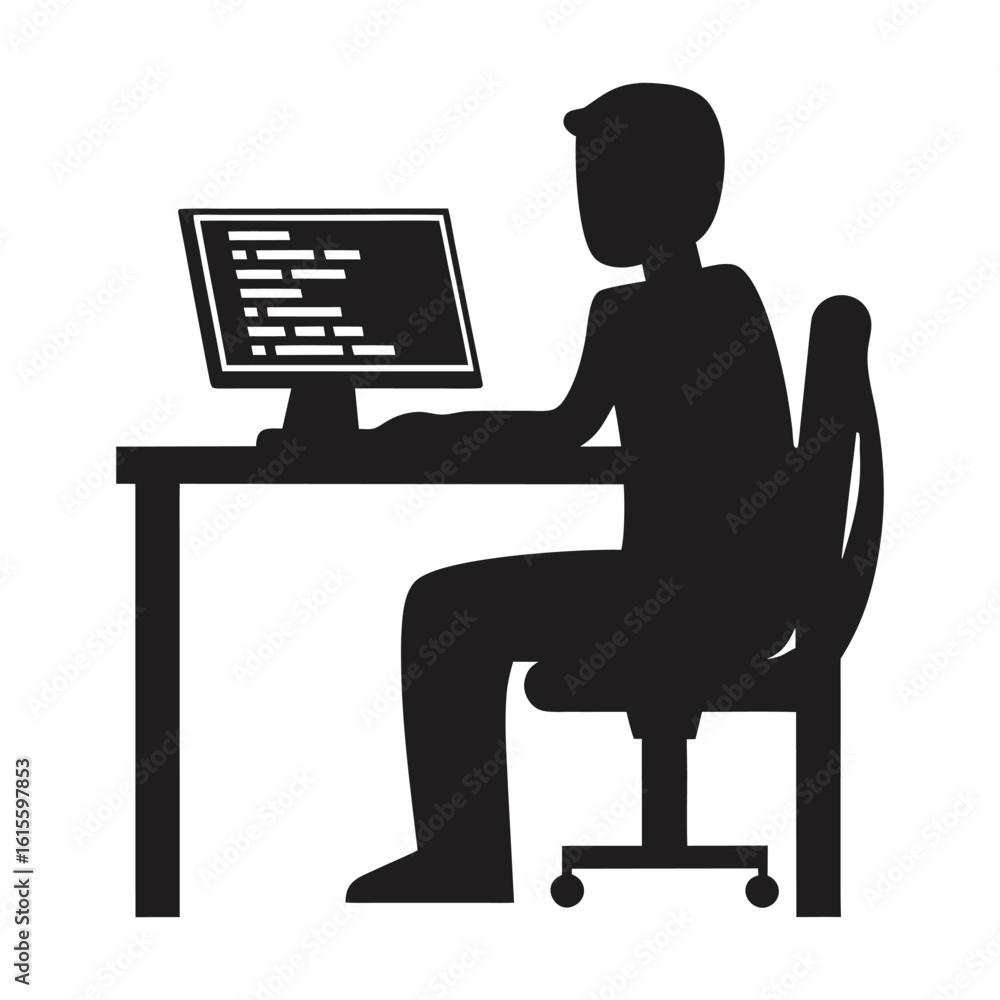 Poster flat black silhouette of a programmer or remote worker using desktop monitor vector icon illustratio