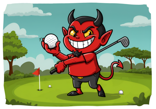 Funny Devil Cartoon Illustration Holding Golf Ball On Green Course