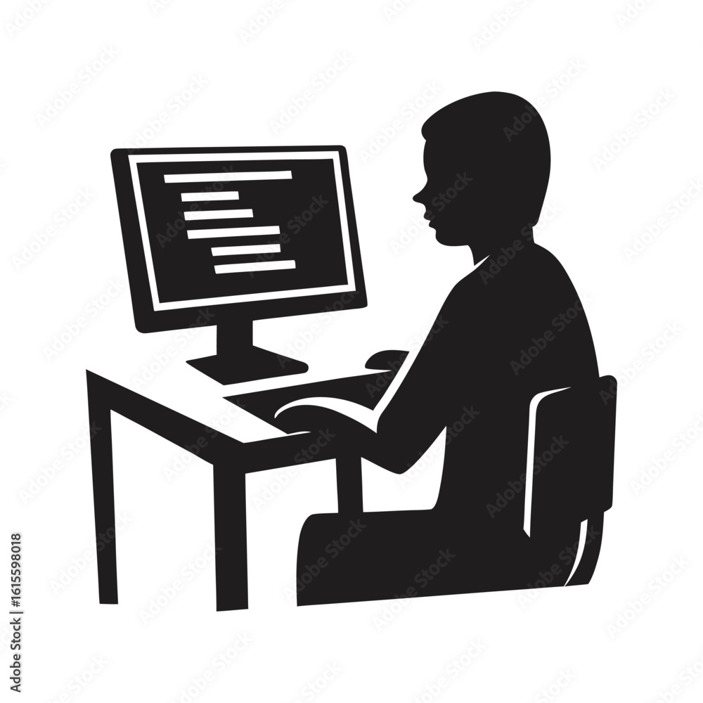 Poster office worker or freelancer programmer at computer desk with monitor silhouette illustration vector 