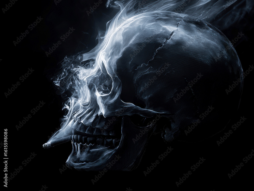 Poster detailed, floating skull with intricate bone structure, visible eye sockets and teeth depth and text
