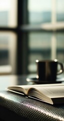 Open book resting on a textured surface with a cup nearby.