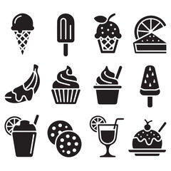 Vector art of a delightful collection of sweet treats including ice cream cones, popsicles, cupcakes, cookies, and refreshing drinks