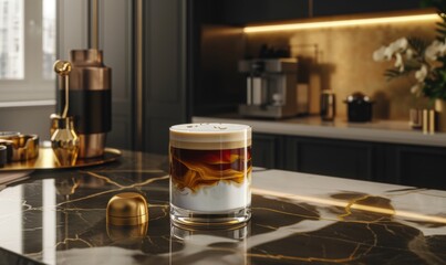 Layered coffee drink in glass on marble countertop in modern kitchen
