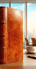 Ornate leather-bound book on a wooden surface.
