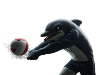 Dolphin Mascot Playing Volleyball Digital Illustration Isolated On Black Background