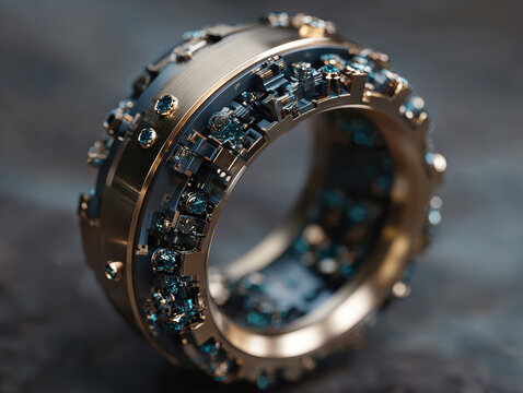 Close-up of a Titanium ring, intricately designed with Arabic influences, featuring a central stone larger than surrounding ones, set in an Alien Tech style The ring is encrusted with - AI-Generated