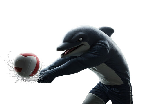Dolphin Mascot Playing Volleyball Digital Illustration Isolated On Black Background