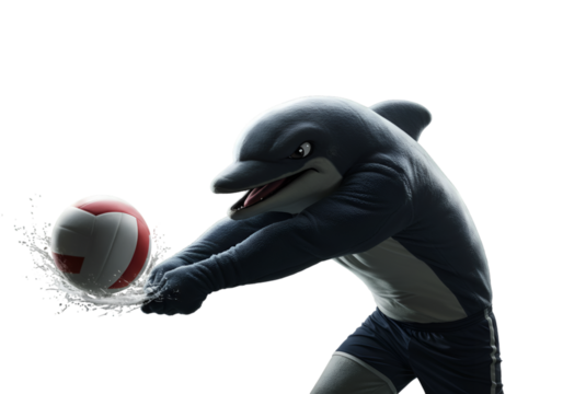 Dolphin Mascot Playing Volleyball Digital Illustration Isolated On Black Background