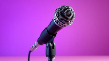 Echoes of silence a microphone stands poised on a stage bathed in purple luminosity