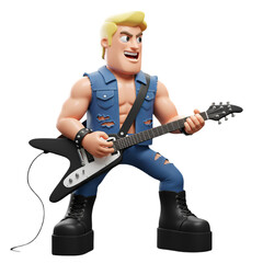 Obraz premium Dynamic 3D Cartoon Rock Musician with Guitar in Denim Jeans and Boots