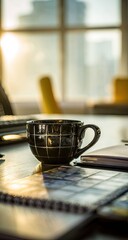 Dark ceramic mug on a wooden desk.