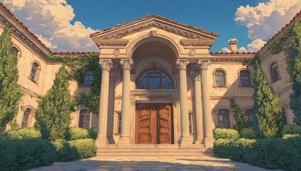 Obraz premium Grand estate facade, sunlit columns, lush gardens