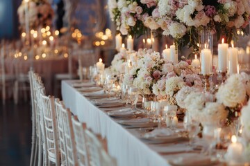 Wedding reception with beautifully decorated tables candles and flowers for the newlyweds