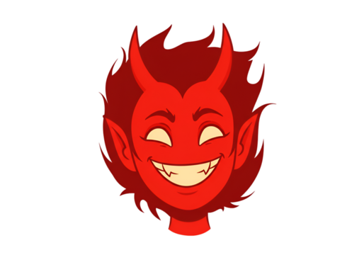Evil Red Devil Face Illustration With Horns Smiling On Black Background