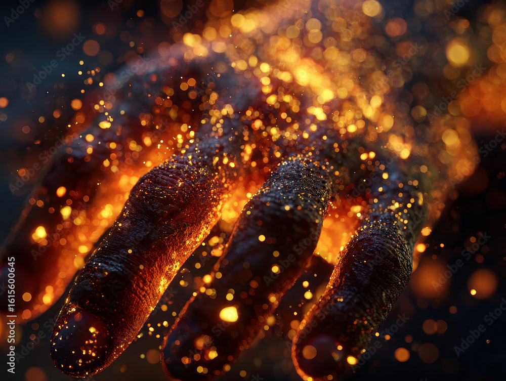 Poster close-up 3d render of a charred hand with orange lava flames at fingertips, set against a dark backd