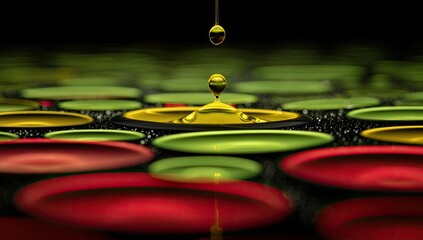 Golden droplet falls on colorful discs